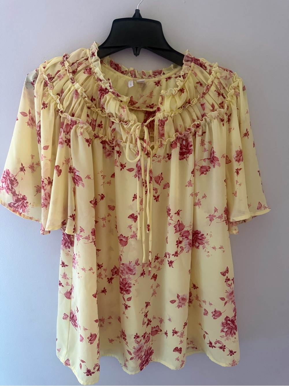 Cato Yellow Pink Floral Tie-Front Peasant Blouse Ruffle Trim size 14/16 W